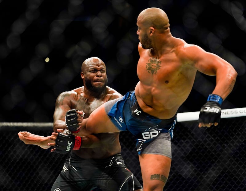 Ciryl Gane kicks Derrick Lewis. AFP