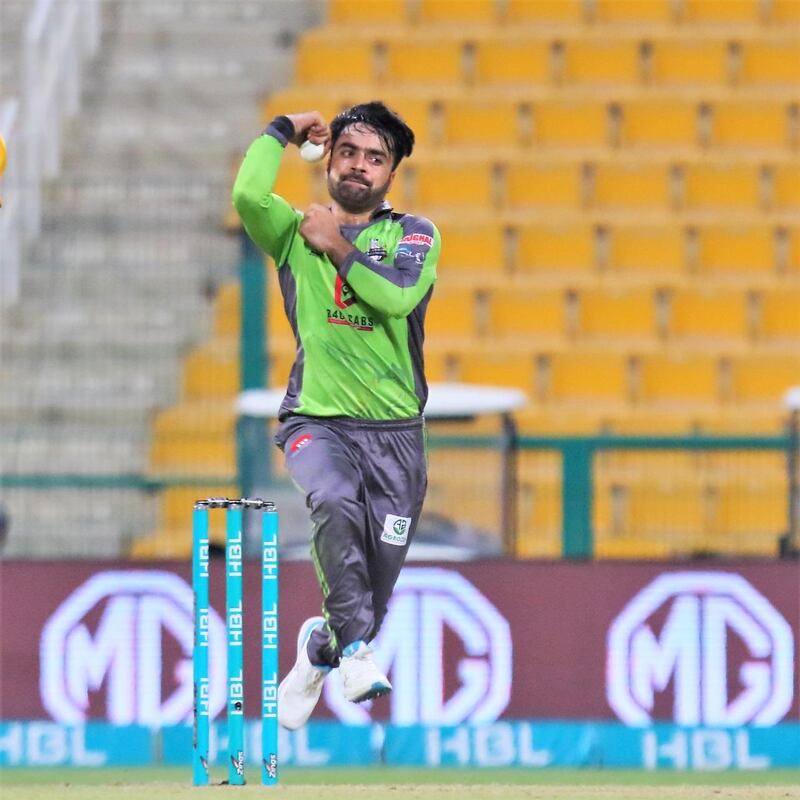 Rashid Khan took five for 20 as Lahore Qalandars beat Peshawar Zalmi by 10 runs at the Zayed Cricket Stadium. Courtesy PCB