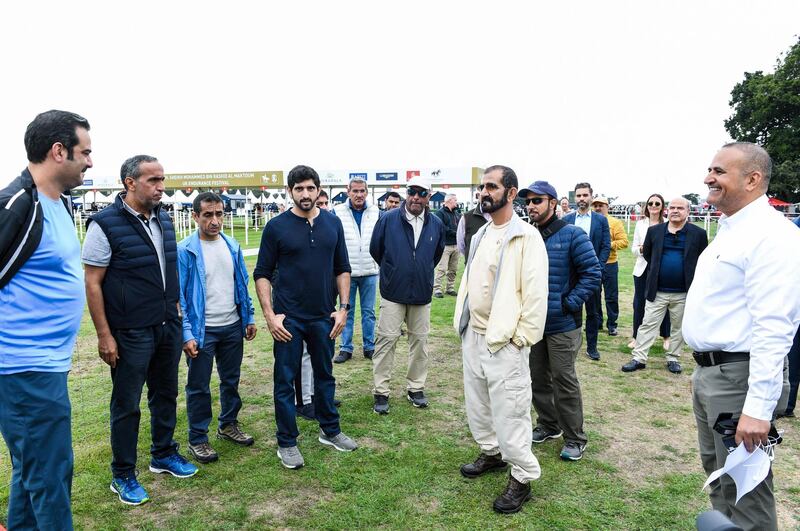 Sheikh Mohammed bin Rashid, Sheikh Hamdan bin Mohammed, and Sheikh Saeed bin Maktoum bin Juma attend the Sheikh Mohammed bin Rashid Al Maktoum UK Endurance Festival, on Saturday.