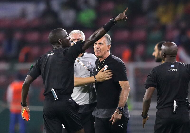 Egypt manager Carlos Queiroz is sent-off by referee Bakary Gassama. Reuters