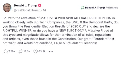 A screengrab from his Truth Social media platform shows a message from former president Donald Trump in which he suggests parts of the US Constitution should be 'terminated'.