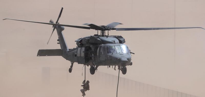 A Sikorsky UH-60 Black Hawk swoops into view during the training operation