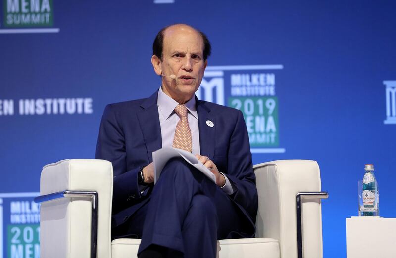 ABU DHABI , UNITED ARAB EMIRATES , February 13 – 2019 :- Michael Milken, Chairman, Milken Institute talking to Yasir Othman Al-Rumayyan, Managing Director and Board Member at Public Investment Fund of Saudi Arabia during the Milken Institute MENA Summit 2019 held at The St. Regis Saadiyat Island Resort in Abu Dhabi.  ( Pawan Singh / The National ) For News/Business/Instagram. Story by Dania 