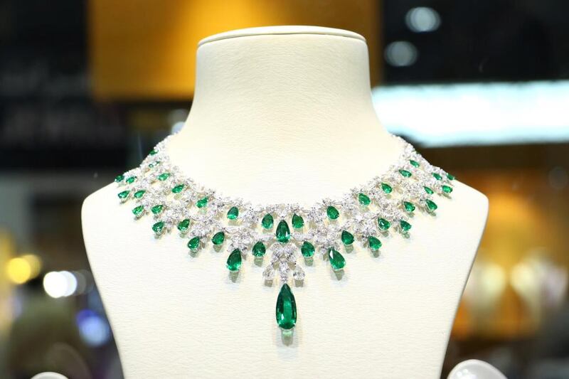 A white diamond and emerald necklace, seen at a previous iteration of the Jewellery and Watch Show in Abu Dhabi. Photo: JWS