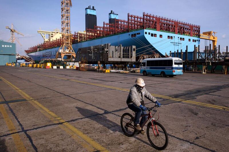 A general view of an under-construction Maersk triple-E class container ship. Ed Jones / AFP