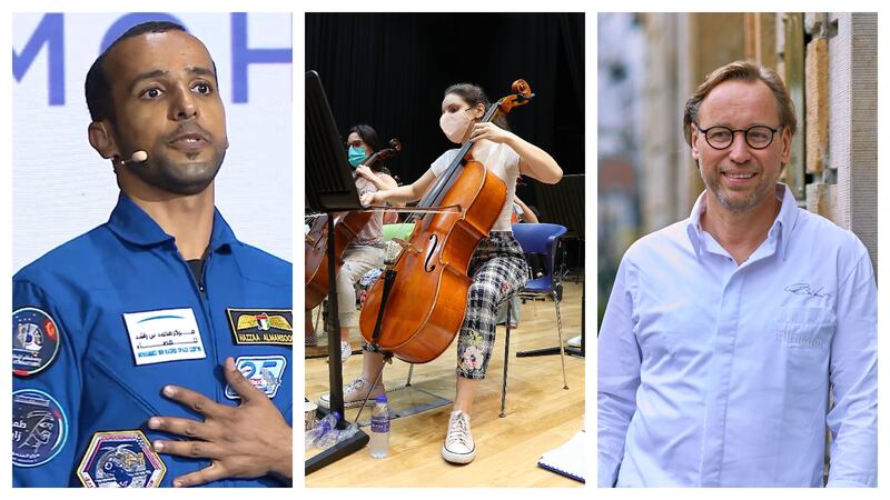 From left: Emirati astronaut Hazza Al Mansouri will speak at Expo 2020 Dubai, while the Firdaus Orchestra will perform, and Thomas Buhner will cook up a storm. Photos: Expo 2020 Dubai, Pawan Singh / The National, Michael Holz Studio