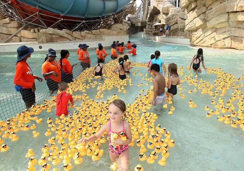 More than 2,000 thousand rubber ducks race for charity raising over Dh60,000 for the Make-A-Wish UAE Foundation at Yas Waterworld in Abu Dhabi. Ravindranath K / The National 