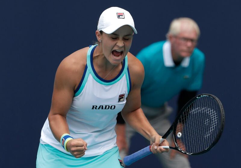 Ashleigh Barty, of Australia, reacts after defeating Carolina Pliskova, of the Czech Republic, during the singles final of the Miami Open tennis tournament, Saturday, March 30, 2019, in Miami Gardens, Fla. Barty won 7-6 (1), 6-3. (AP Photo/Lynne Sladky)