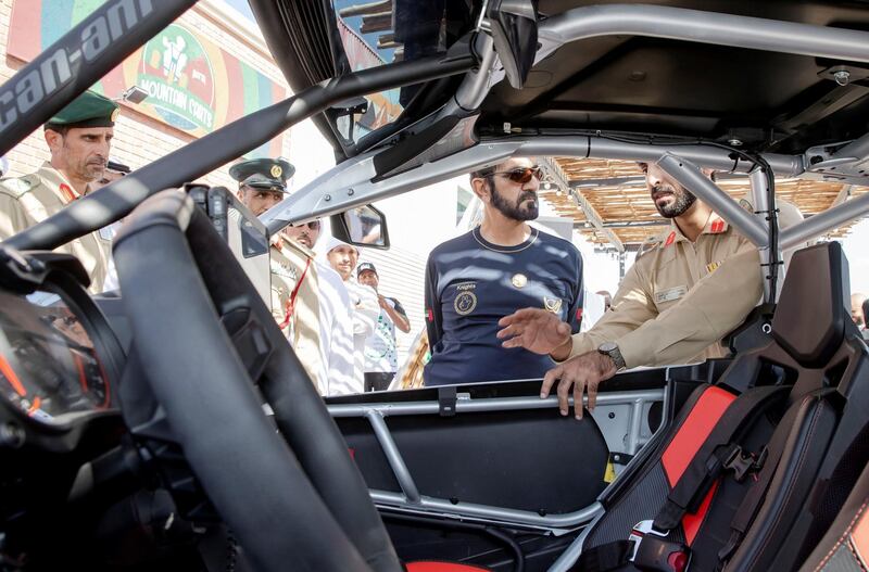 Sheikh Mohammed bin Rashid is briefed on Dubai Police's efforts provide to ensure the safety and security of visitors, mainly in the area of rescue operations and patrols in mountainous areas. Wam