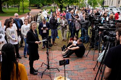 Elizabeth Whelan, sister of US Marine Corps veteran and Russian prisoner Paul Whelan, speaks at a news conference near the White House alongside families of Americans currently being held hostage or wrongfully detained overseas. AP