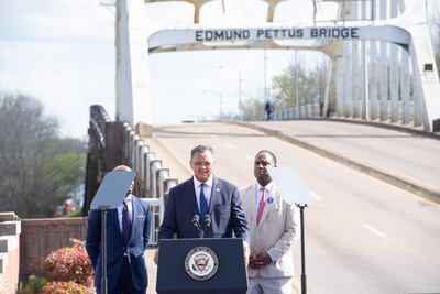Jesse Jackson gives a speech at the Edmund Pettus Bridge in Selma, Alabama to commemorate the 57th anniversary of Bloody Sunday, on March 6, 2022. EPA