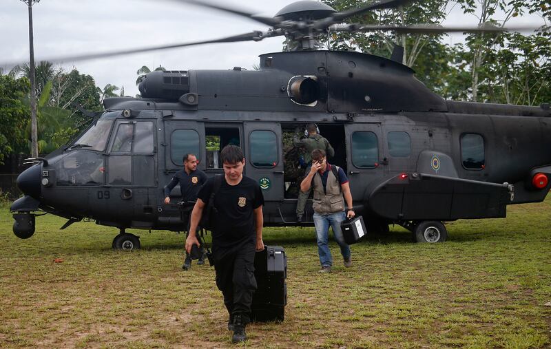 Brazilian Federal Police officers arrive to join a search operation for British journalist Dom Phillips and indigenous affairs expert Bruno Pereira in Atalaia do Norte, Amazonas state. AP