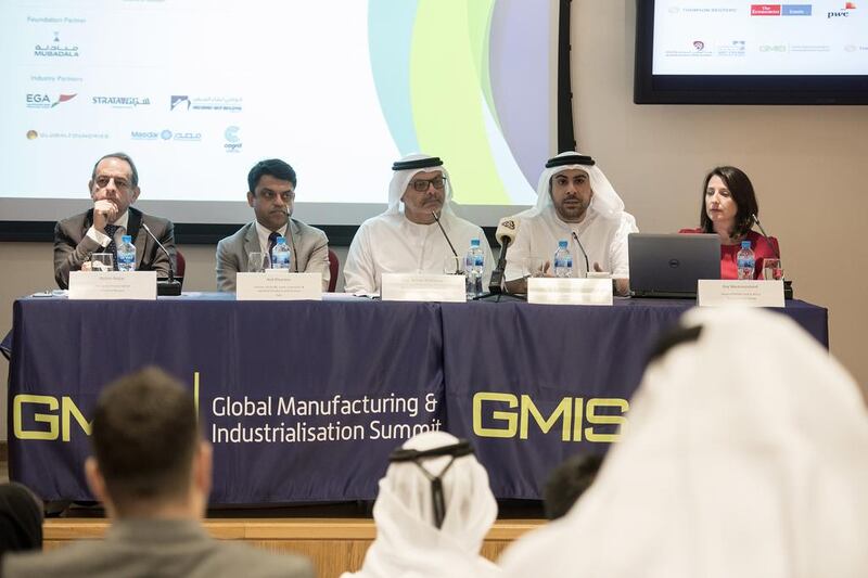 Badr Al Olama, second from right, the chief executive of Strata Manufacturing and one of the GMIS organisers, says he expects an even split of private and public/semi-public companies at the summit. Vidhyaa for The National