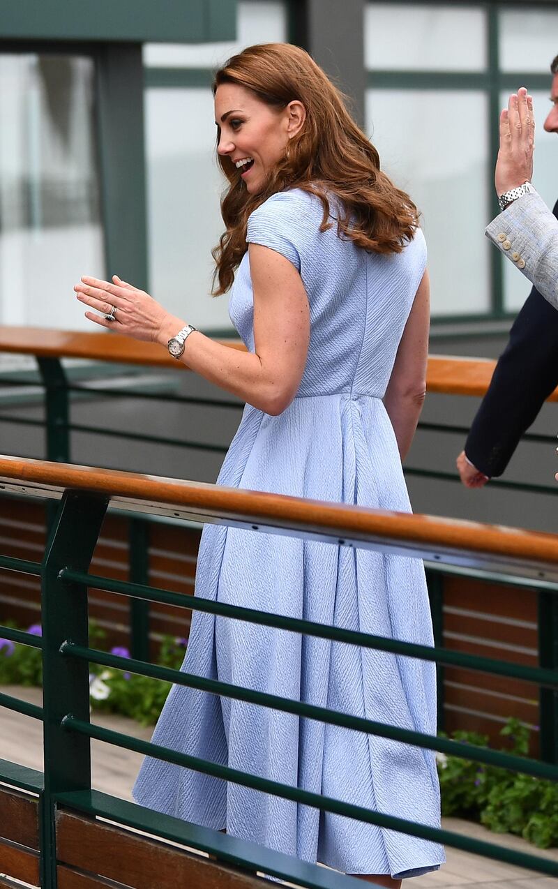 Catherine, Duchess of Cambridge arrives ahead of the Men's Singles Final on day thirteen of the Wimbledon Championships at the All England Lawn Tennis and Croquet Club, Wimbledon on July 14, 2019, in London, England.