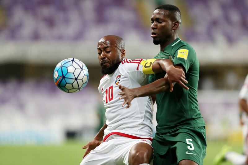 Al Ain, United Arab Emirates - August 29th, 2017: UAE's Ismail Matar and Saudi's Omar Ibrahim Othman during the World Cup qualifying game between UAE v Saudi Arabia. Tuesday, August 29th, 2017 at Hazza Bin Zayed Stadium, Al Ain. Chris Whiteoak / The National