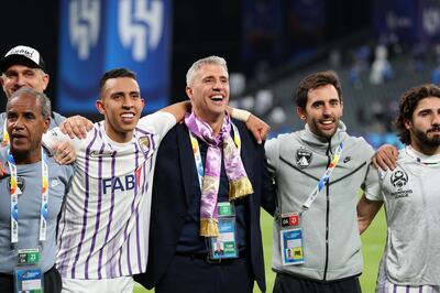 Al Ain coach Hernan Crespo celebrates with his players after reaching the Asian Champions League final. Chris Whiteoak / The National