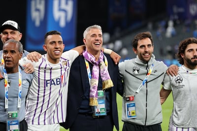 Al Ain coach Hernan Crespo celebrates with his players after reaching the Asian Champions League final. Chris Whiteoak / The National