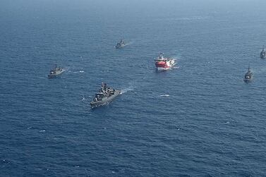 The Turkish seismic research vessel Oruc Reis is escorted by Turkish naval ships in the Mediterranean Sea off Antalya on August 10, 2020. Turkish Defence Ministry / AFP