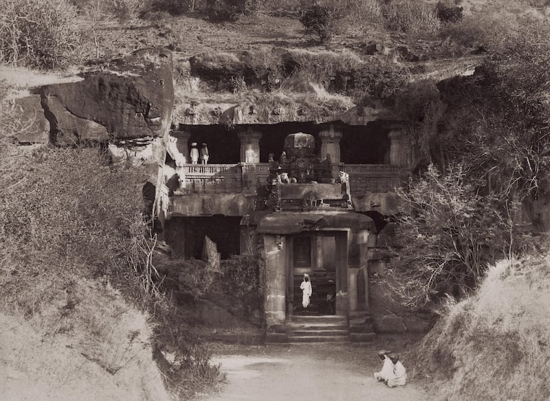 The entrance to Indra Sabha Cave, a Jain temple cut into the rock at Ellora, Maharashtra, India, 1889. The cave is part of the rock-cut monastery-temple cave complex known as the Ellora Caves. The complex also includes Hindu and Buddhist temples and shrines. Vintage albumen print. (Photo by Lala Deen Dayal/Hulton Archive/Getty Images)