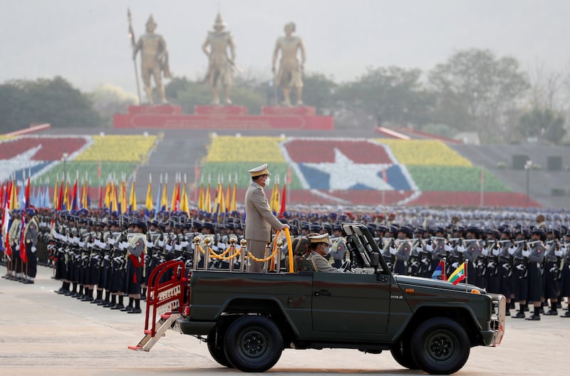 Junta chief Min Aung Hlaing presides over a parade during the 77th Armed Forces Day in Naypyidaw, Myanmar. EPA