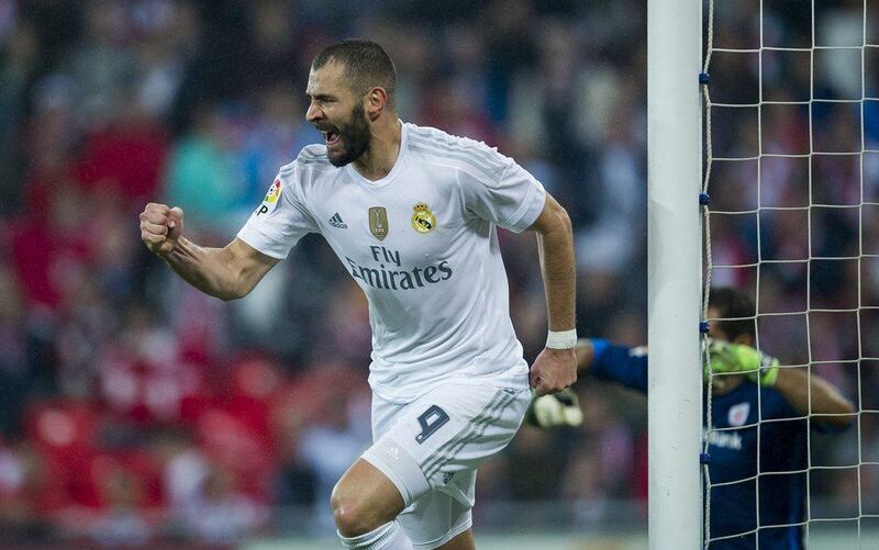 Karim Benzema of Real Madrid celebrates after scoring his team's second goal, also his second, in their La Liga win over Athletic Bilbao on Wednesday night. Juan Manuel Serrano Arce / Getty Images / September 23, 2015