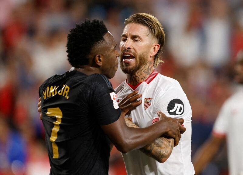 Sergio Ramos clashes with Vinicius Junior during Sevilla's La Liga draw with Real Madrid. Reuters