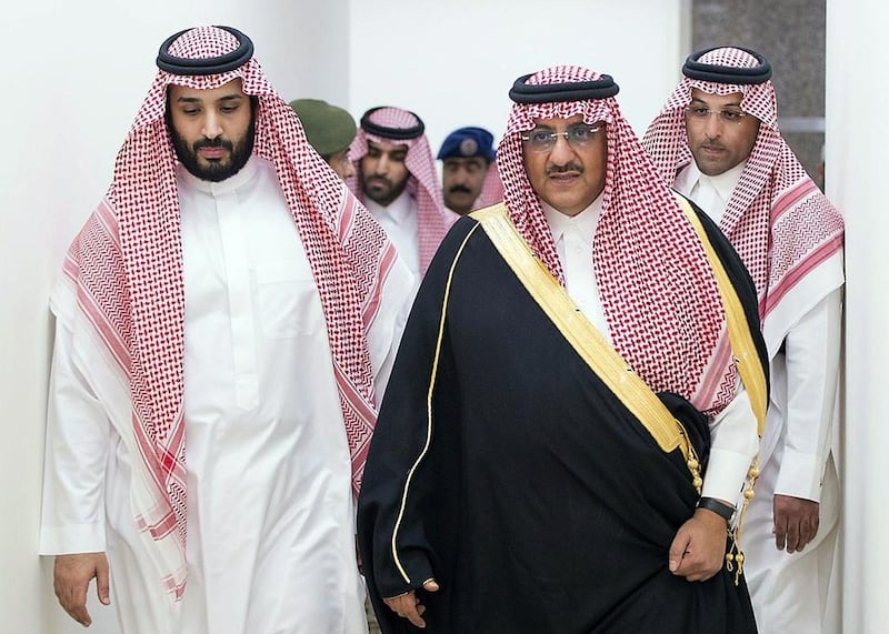King Salman’s son, Prince Mohammed bin Salman, left, was named deputy crown prince while his uncle Prince Mohammed bin Nayef, right, was named crown prince by King Salman on April 29, 2015. File photo released by Saudi Press Agency/AFP Photo