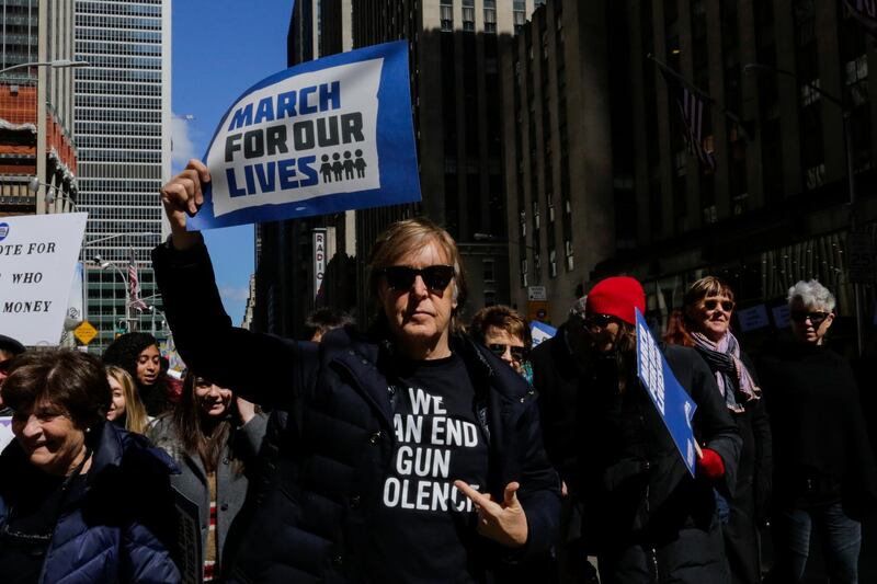 Sir Paul McCartney takes part in the March for Our Lives Rally near Central Park West in New York on March 24, 2018.
Galvanised by a massacre at a Florida high school, hundreds of thousands of Americans took to the streets in cities across the United States on Saturday in the biggest protest for gun control in a generation. AFP