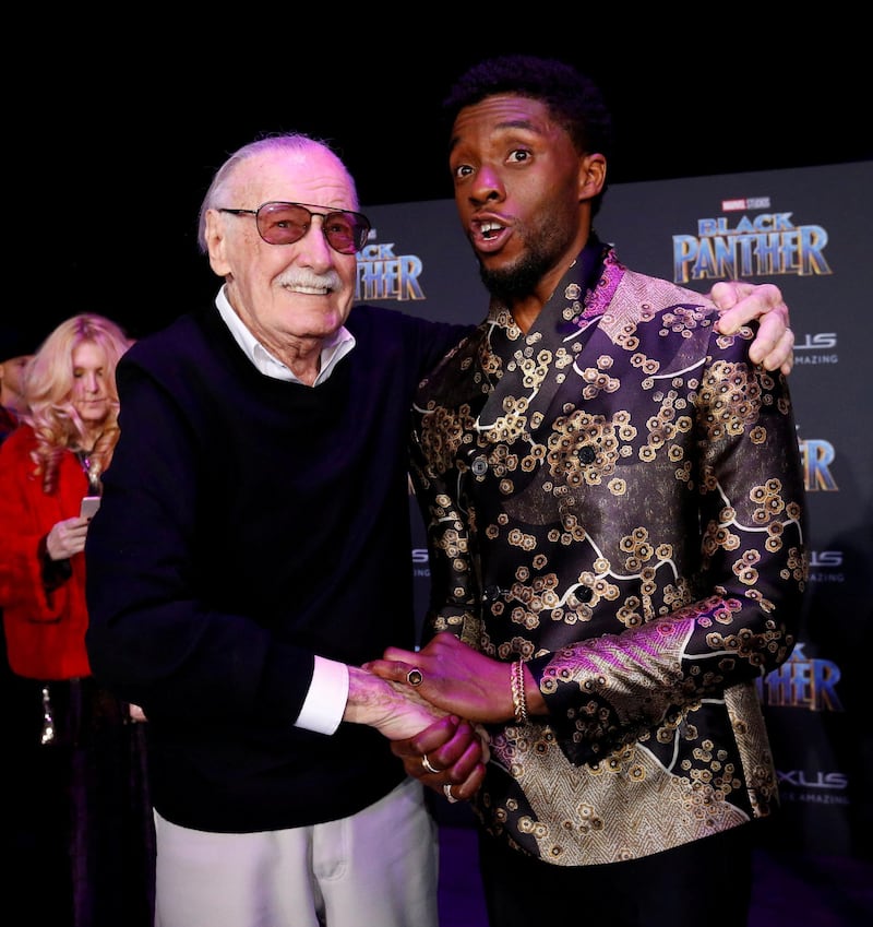 Stan Lee poses with Chadwick Boseman at the premiere of 'Black Panther' in Los Angeles, California. Reuters