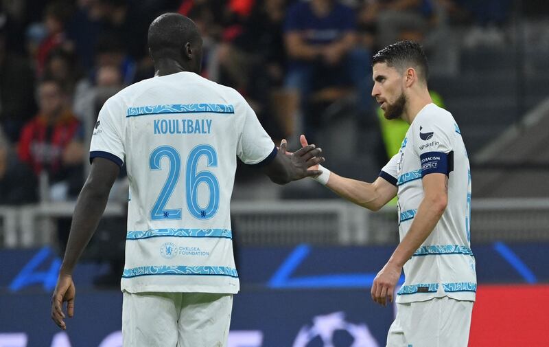 Chelsea midfielder Jorginho celebrates with Kalidou Koulibaly after scoring. AFP