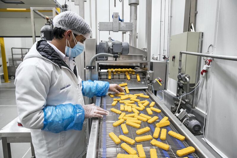 DUBAI, UNITED ARAB EMIRATES. 21 FEBRUARY 2021. Opening of the largest seafood factory in the Middle East that will be able to process around a quarter of all seafood consumed in the UAE. The full production cycle of fish fingers from cleaned fish fillet's to the end product that is packaged and stored for shipment. (Photo: Antonie Robertson/The National) Journalist: Kelly Clarke. Section: National.