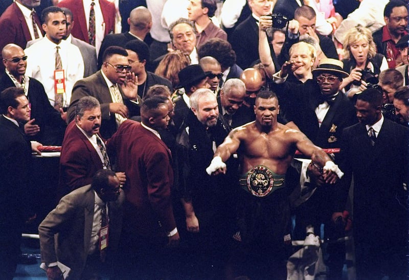 16 Mar 1996: Mike Tyson wins the WBC Heavyweight Championship at the MGM Grand Garden in Las Vegas, Nevada after a bout with Frank Bruno of Great Britain.  Tyson won the title with a technical knockout in the third round. Mandatory Credit: John Gichigi  /Allsport / Getty Images