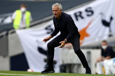 Tottenham's manager Jose Mourinho reacts during the English Premier League soccer match between Tottenham Hotspur and Arsenal at the Tottenham Hotspur Stadium in London, England, Sunday, July 12, 2020. (Tim Goode/Pool via AP)