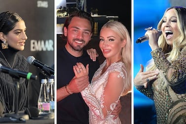 Celebrities in Dubai (from left): Sonam Kapoor; Bradley Dack and Olivia Jade Attwood; Mariah Carey. Antonie Robertson / The National, Instagram