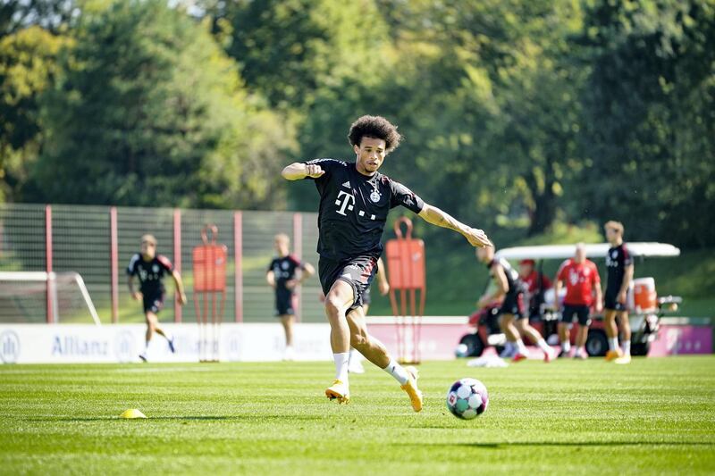 MUNICH, GERMANY - SEPTEMBER 15: Leroy Sane of FC Bayern Muenchen controls the ball during a training session at Saebener Strasse training ground on September 15, 2020 in Munich, Germany. (Photo by M. Donato/FC Bayern via Getty Images)