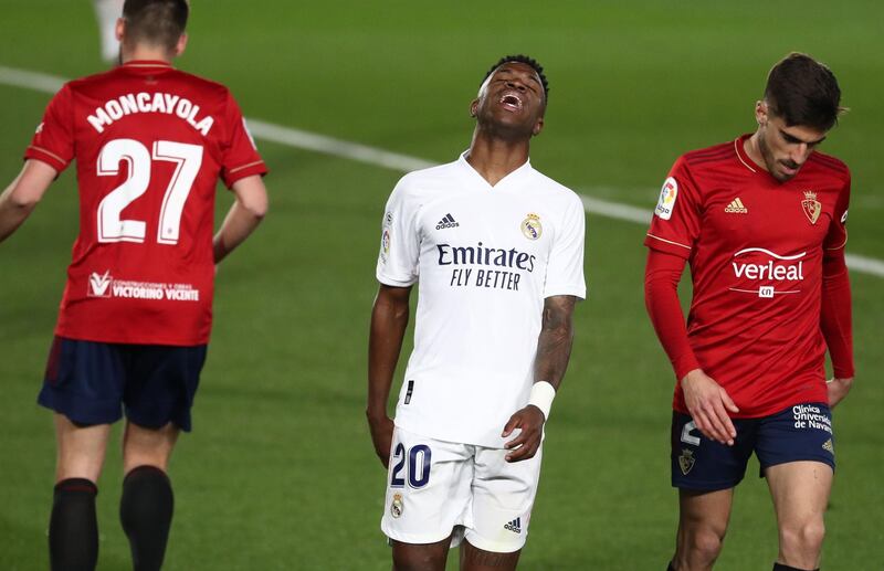 Real Madrid's Vinicius Junior after a chance goes begging. Reuters