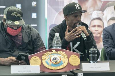 DUBAI, UNITED ARAB EMIRATES. 01 APRIL 2021. Tom Urguhart leads a press conference with Ahmed Al Siddiqi for the upcoming boxing match between Jamel Herring and Carl Frampton. (Photo: Antonie Robertson/The National) Journalist: Amith Passela. Section: Sport.