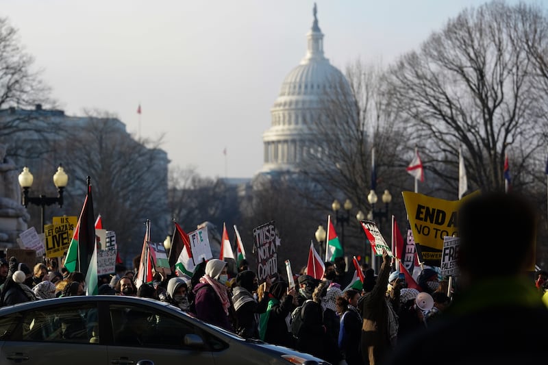 Pro-Palestinian demonstrators take part in a protest against the continuing war in Gaza outside Union Station in Washington on February 1. EPA