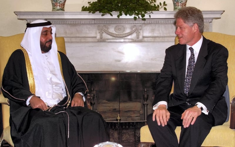 President Clinton meets with Sheikh Khalifa bin Zaid Al Nahayan, the Crown Prince of Abu Dhabi, in the Oval Office of the White House May 12. The United Arab Emirates said on Tuesday it will buy up to 80 Lockheed Martin Corp. F-16 warplanes in a deal worth about $6 billion.

WM/vm - RTRDYXI