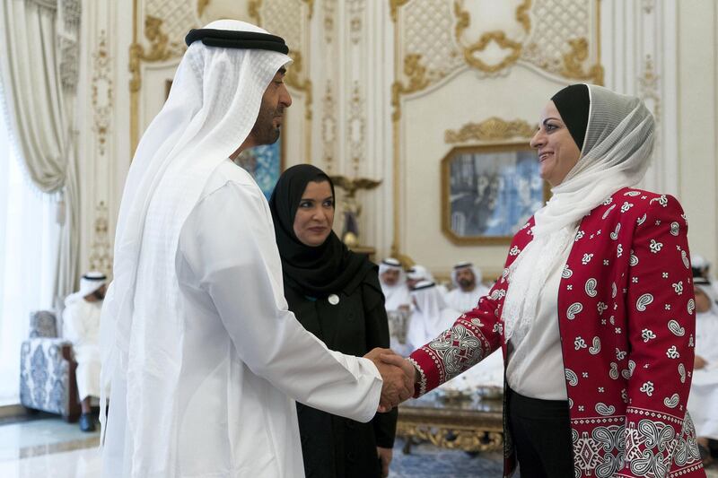 ABU DHABI, UNITED ARAB EMIRATES - October 07, 2019: HH Sheikh Mohamed bin Zayed Al Nahyan, Crown Prince of Abu Dhabi and Deputy Supreme Commander of the UAE Armed Forces (L), receives a member of the Arab Parliament (R), during a Sea Palace barza. Seen with HE Dr Amal Abdullah Al Qubaisi, Speaker of the Federal National Council (FNC) (C).


( Rashed Al Mansoori / Ministry of Presidential Affairs )
---