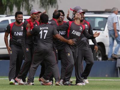 UAE players celebrate their 19-run win over Namibia at the World Cricket League Division 2 in Windhoek. Courtesy ICC World Cricket League