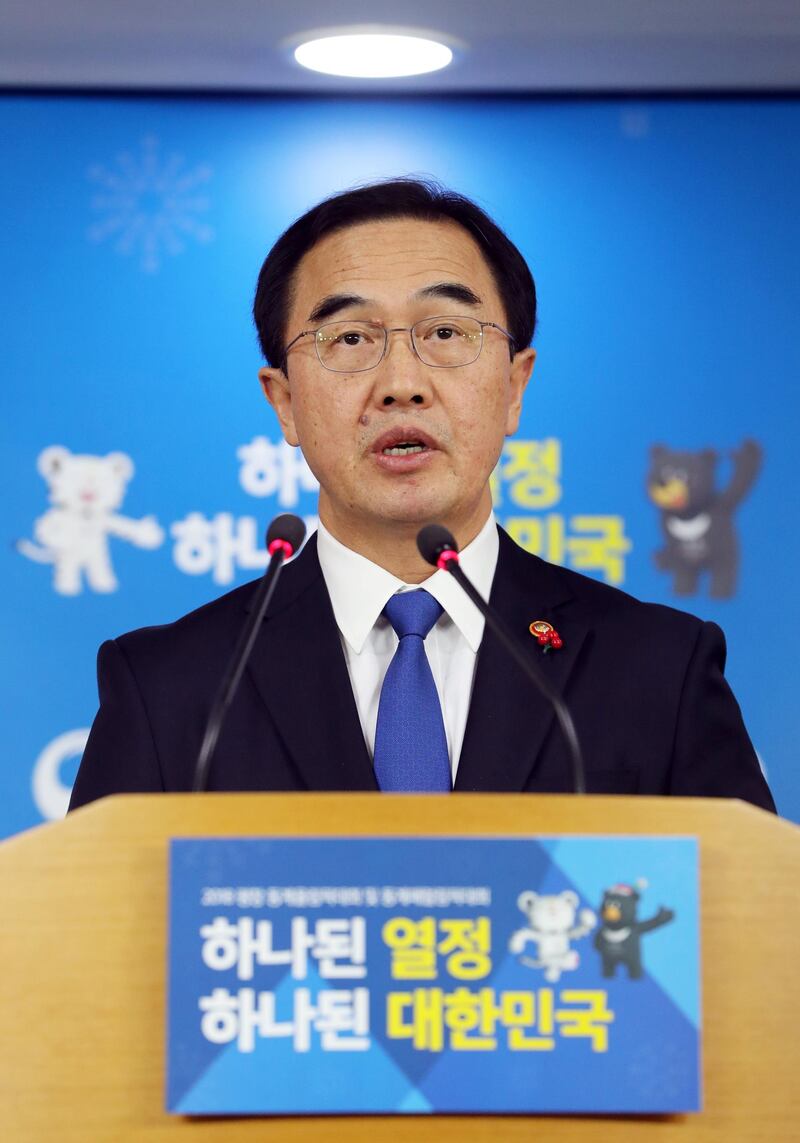 epa06413221 South Korean Unification Minister Cho Myoung-gyon speaks in a press conference at the government complex in Seoul, South Korea, 02 January 2018. South Korea proposed high-level talks with North Korea on 09 January, over its participation in the PyeongChang Winter Olympics, in response to North Korean leader Kim Jong-un's reconciliatory New Year's message the previous day.  EPA/YONHAP SOUTH KOREA OUT