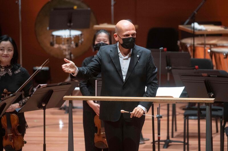 Music Director Jaap van Zweden conducts the New York Philharmonic's first concert after its reopening, following 556 days of pandemic-inflicted cancellations on September 17, 2021. AFP