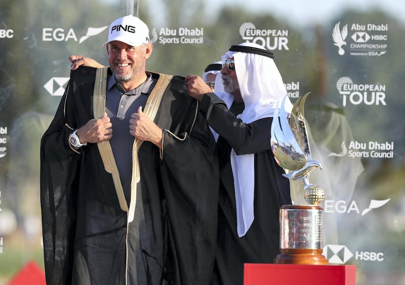 Abu Dhabi, United Arab Emirates - Reporter: Paul Radley and John McAuley: Lee Westwood celebrates winning the Abu Dhabi HSBC Championships. Sunday, January 19th, 2020. Abu Dhabi Golf Club, Abu Dhabi. Chris Whiteoak / The National