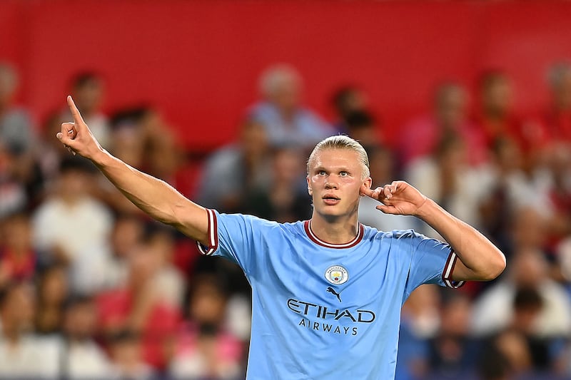 Manchester City's Erling Haaland celebrates after scoring in the 4-0 Champions League victory over Sevilla at Estadio Ramon Sanchez Pizjuan on September 6, 2022. Getty