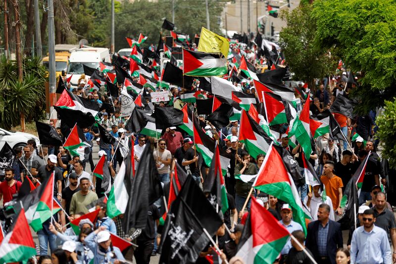 Palestinians mark the 74th anniversary of the Nakba in Ramallah. Reuters