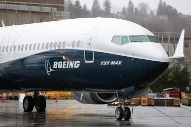 The first Boeing 737 Max 9 plane pictured during its rollout for media at the Boeing factory in Washington. AFP