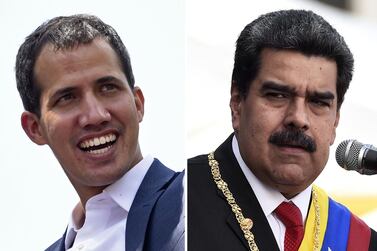 This combination of pictures created on February 4, 2019 shows Venezuelan opposition leader Juan Guaido (L) and another of Venezuelan President Nicolas Maduro. AFP / STF