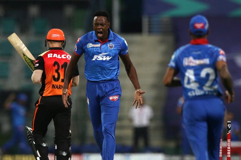 Kagiso Rabada of Delhi Capitals celebrates the wicket of David Warner captain of Sunrisers Hyderabad during the qualifier 2 match of season 13 of the Dream 11 Indian Premier League (IPL) between the Delhi Capitals and the Sunrisers Hyderabad at the Sheikh Zayed Stadium, Abu Dhabi in the United Arab Emirates on the 8th November 2020.  Photo by: Pankaj Nangia  / Sportzpics for BCCI