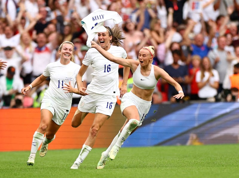 England's Chloe Kelly celebrates scoring the winning goal against Germany in the final of the Women's Euro 2022 at Wembley Stadium in London. Reuters